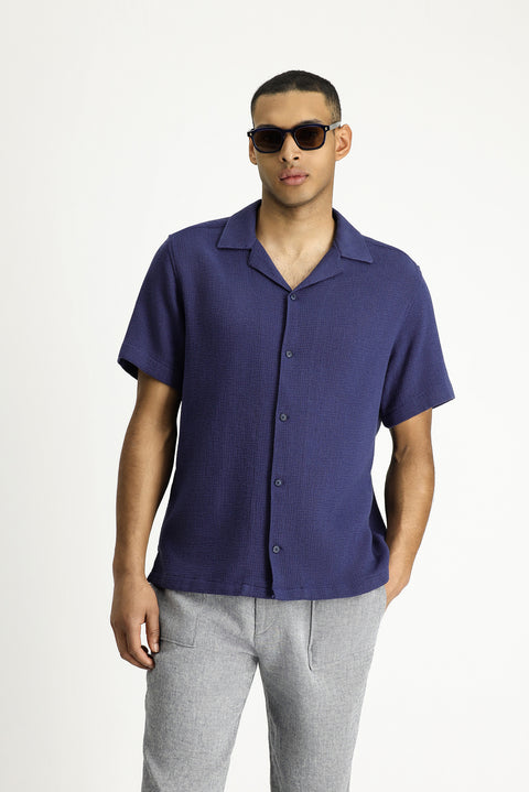 Orta Lacivert Kısa Kol Regular Fit Desenli Pamuklu Kolay Ütülenebilir Gömlek