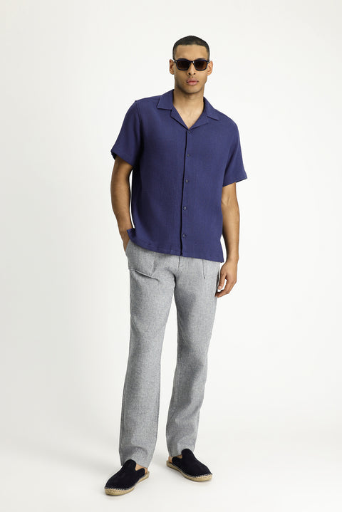 Orta Lacivert Kısa Kol Regular Fit Desenli Pamuklu Kolay Ütülenebilir Gömlek