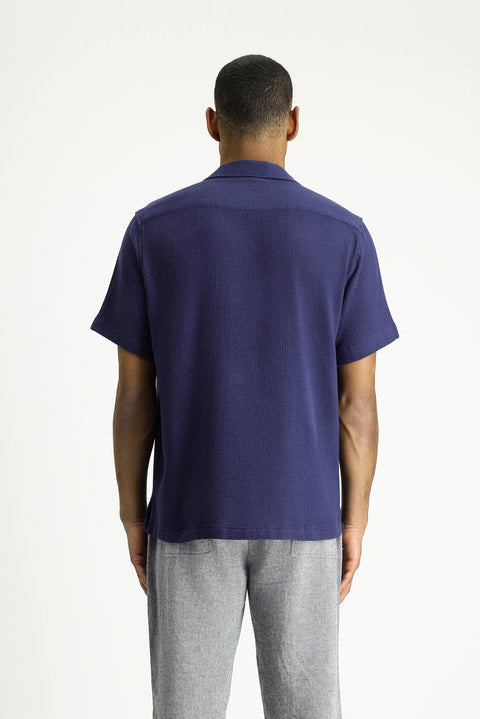 Orta Lacivert Kısa Kol Regular Fit Desenli Pamuklu Kolay Ütülenebilir Gömlek