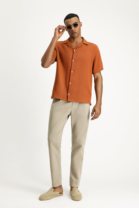 Kiremit Kısa Kol Regular Fit Desenli Pamuklu Kolay Ütülenebilir Gömlek