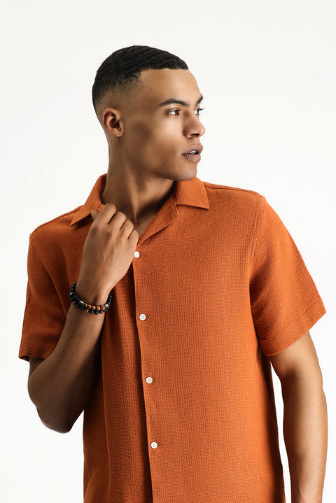 Kiremit Kısa Kol Regular Fit Desenli Pamuklu Kolay Ütülenebilir Gömlek