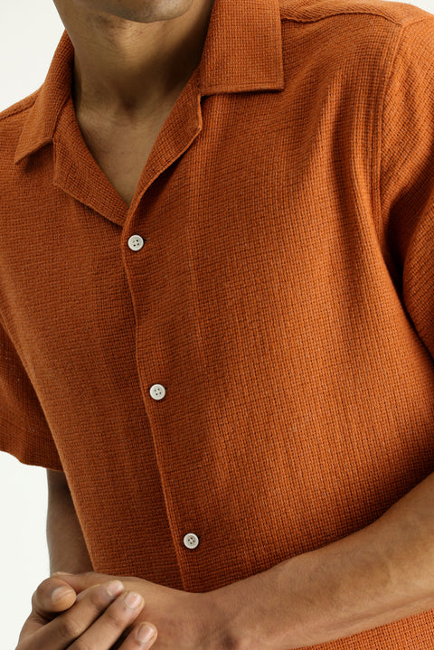 Kiremit Kısa Kol Regular Fit Desenli Pamuklu Kolay Ütülenebilir Gömlek