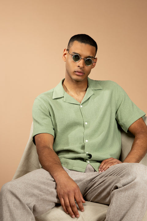 Çağla Yeşili Kısa Kol Regular Fit Desenli Pamuklu Kolay Ütülenebilir Gömlek