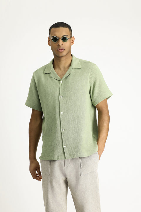 Çağla Yeşili Kısa Kol Regular Fit Desenli Pamuklu Kolay Ütülenebilir Gömlek