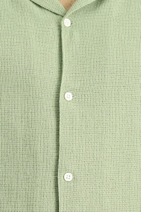 Çağla Yeşili Kısa Kol Regular Fit Desenli Pamuklu Kolay Ütülenebilir Gömlek