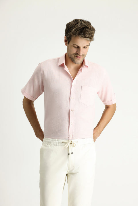 Toz Pembe Kısa Kol Regular Fit Desenli Keten Karışımlı Gömlek