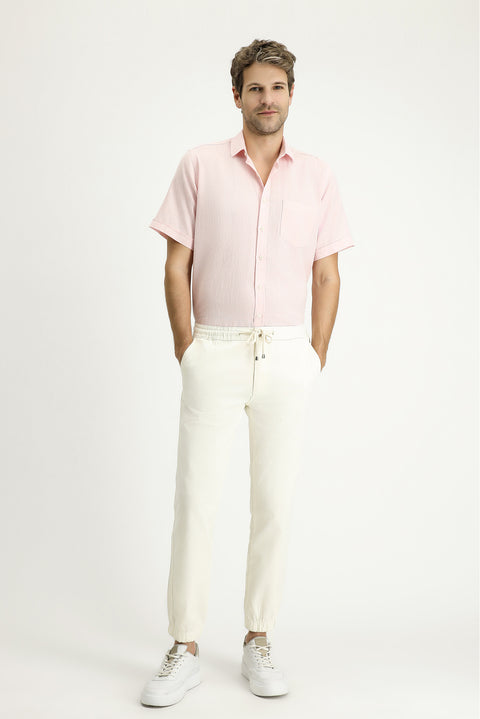 Toz Pembe Kısa Kol Regular Fit Desenli Keten Karışımlı Gömlek