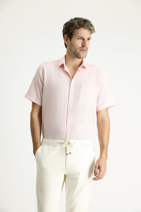 Toz Pembe Kısa Kol Regular Fit Desenli Keten Karışımlı Gömlek