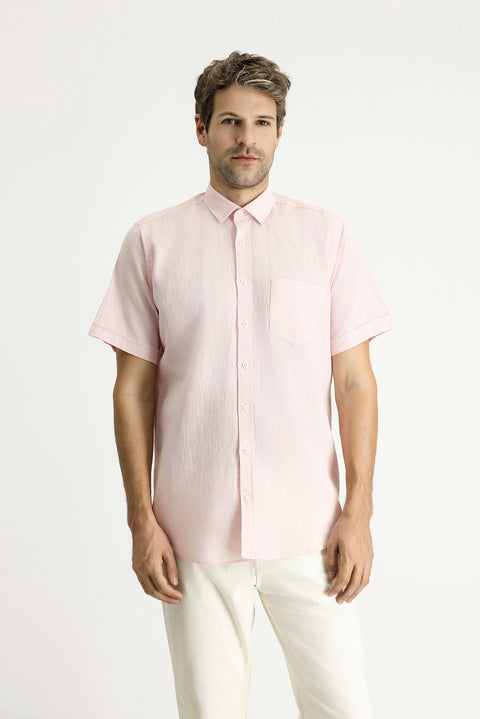 Toz Pembe Kısa Kol Regular Fit Desenli Keten Karışımlı Gömlek