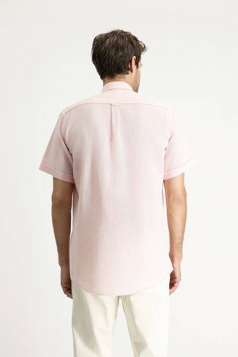Toz Pembe Kısa Kol Regular Fit Desenli Keten Karışımlı Gömlek