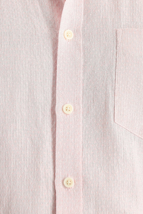 Toz Pembe Kısa Kol Regular Fit Desenli Keten Karışımlı Gömlek