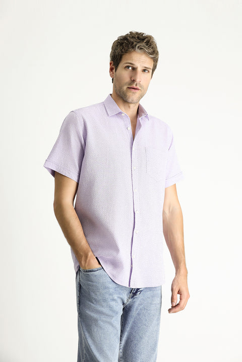 Lila Kısa Kol Regular Fit Desenli Keten Karışımlı Gömlek
