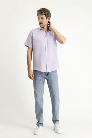  Lila Kısa Kol Regular Fit Desenli Keten Karışımlı Gömlek