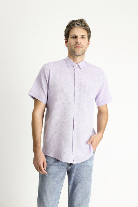 Lila Kısa Kol Regular Fit Desenli Keten Karışımlı Gömlek