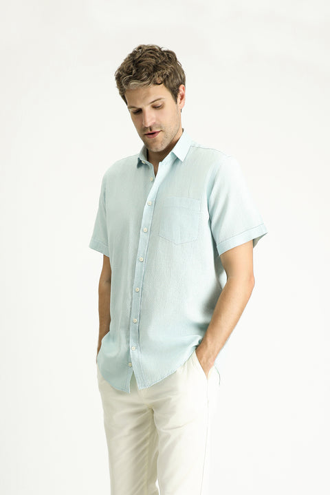 Mint Yeşili Kısa Kol Regular Fit Desenli Keten Karışımlı Gömlek