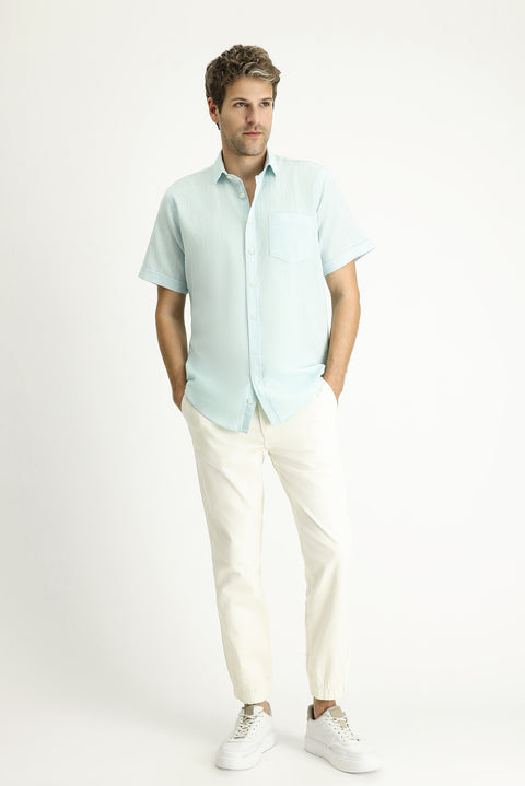 Mint Yeşili Kısa Kol Regular Fit Desenli Keten Karışımlı Gömlek