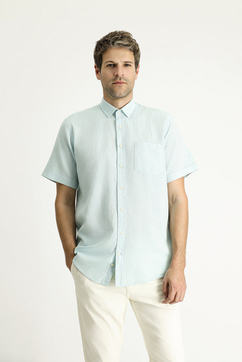 Mint Yeşili Kısa Kol Regular Fit Desenli Keten Karışımlı Gömlek