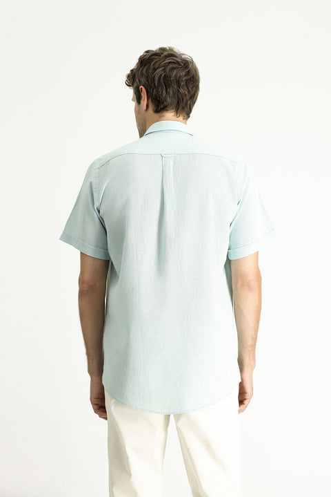Mint Yeşili Kısa Kol Regular Fit Desenli Keten Karışımlı Gömlek