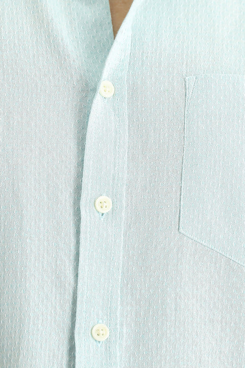 Mint Yeşili Kısa Kol Regular Fit Desenli Keten Karışımlı Gömlek