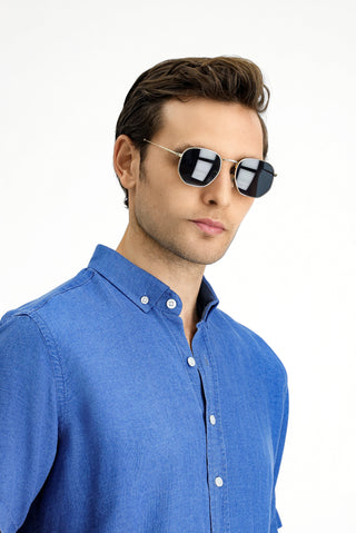  Orta Lacivert Kısa Kol Regular Fit Spor Düğmeli Yaka Denim Görünümlü Gömlek