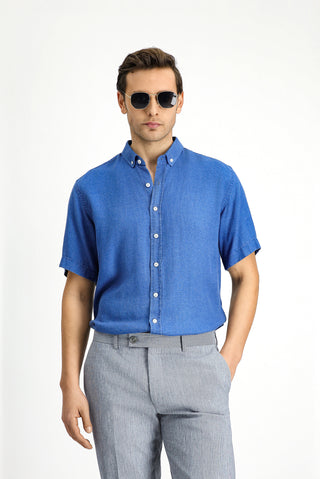  Orta Lacivert Kısa Kol Regular Fit Spor Düğmeli Yaka Denim Görünümlü Gömlek