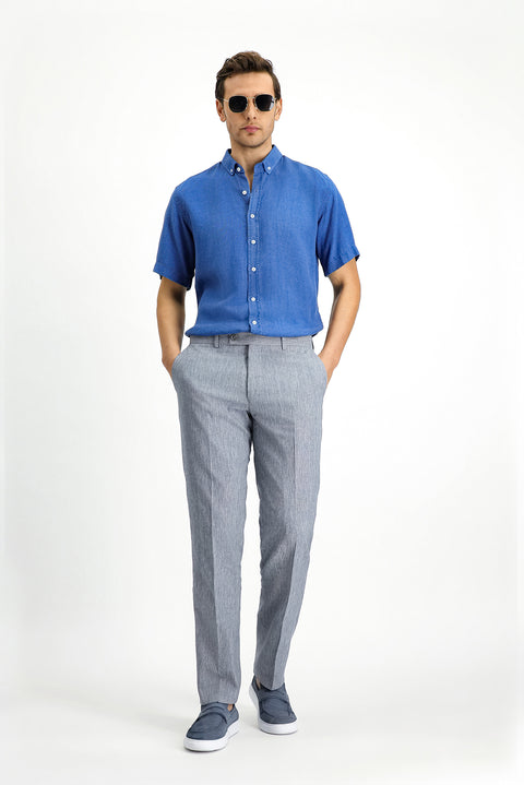 Orta Lacivert Kısa Kol Regular Fit Spor Düğmeli Yaka Denim Görünümlü Gömlek