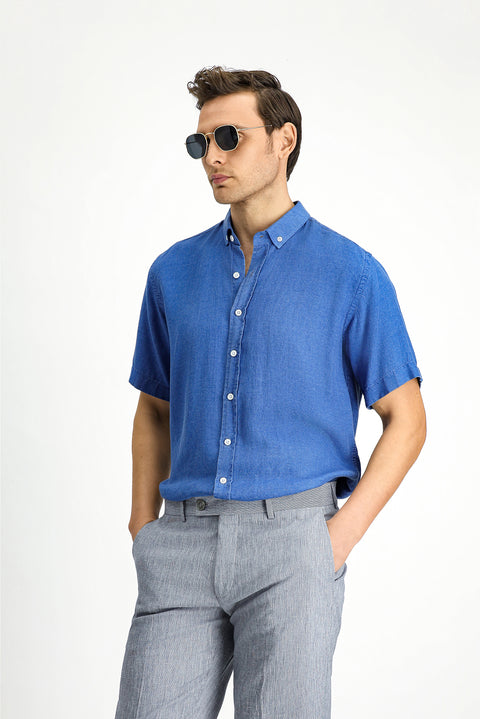 Orta Lacivert Kısa Kol Regular Fit Spor Düğmeli Yaka Denim Görünümlü Gömlek