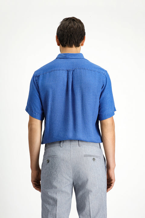 Orta Lacivert Kısa Kol Regular Fit Spor Düğmeli Yaka Denim Görünümlü Gömlek