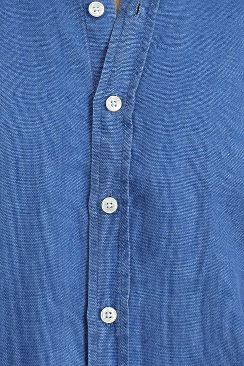 Orta Lacivert Kısa Kol Regular Fit Spor Düğmeli Yaka Denim Görünümlü Gömlek