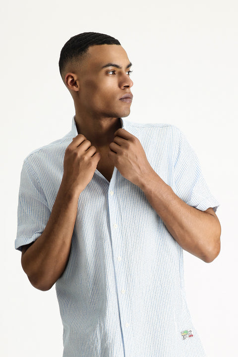 Su Mavisi Kısa Kol Regular Fit Desenli Pamuk Gömlek