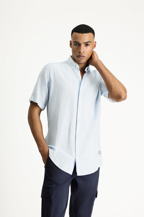 Su Mavisi Kısa Kol Regular Fit Desenli Pamuk Gömlek