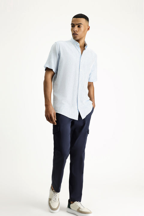 Su Mavisi Kısa Kol Regular Fit Desenli Pamuk Gömlek