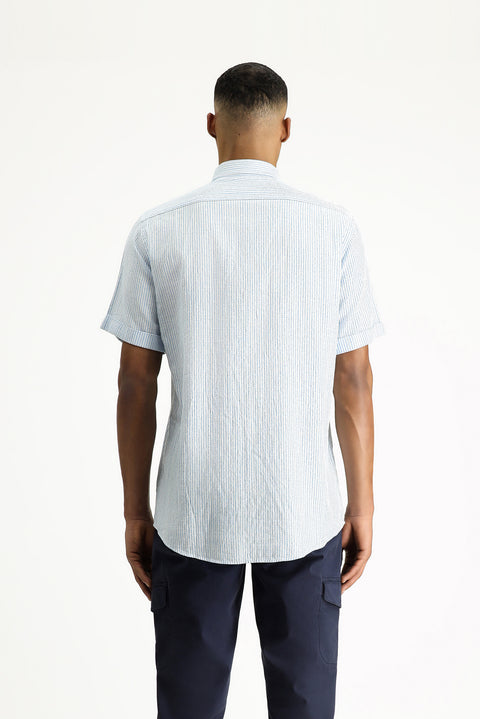 Su Mavisi Kısa Kol Regular Fit Desenli Pamuk Gömlek