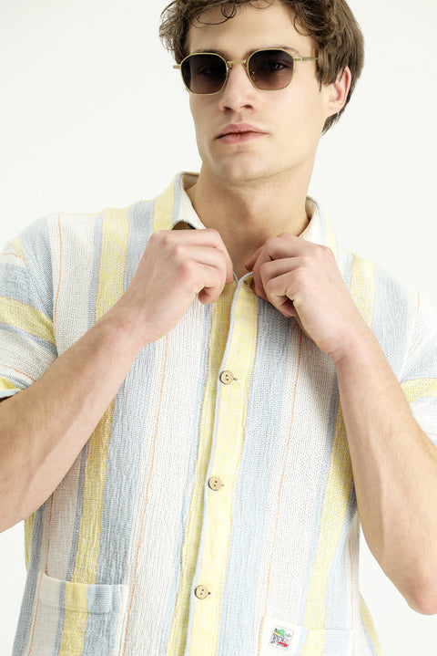 Çok Renkli Kısa Kol Oversize Çizgili Pamuk Gömlek