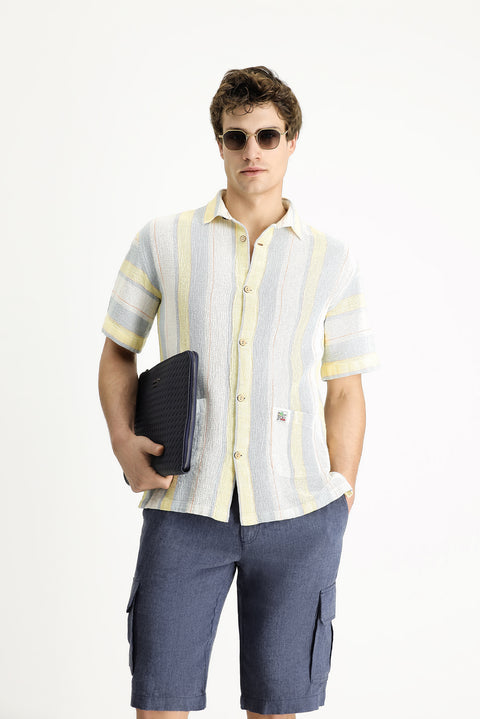 Çok Renkli Kısa Kol Oversize Çizgili Pamuk Gömlek