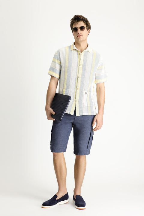 Çok Renkli Kısa Kol Oversize Çizgili Pamuk Gömlek