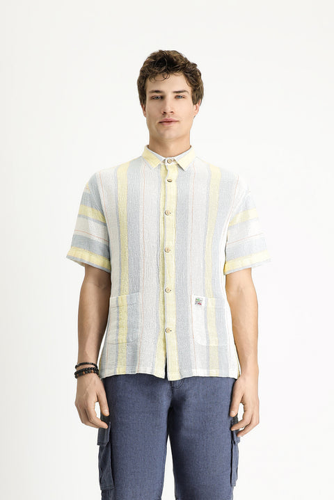 Çok Renkli Kısa Kol Oversize Çizgili Pamuk Gömlek