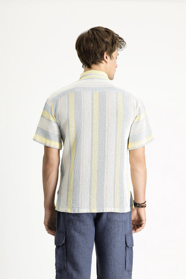 Çok Renkli Kısa Kol Oversize Çizgili Pamuk Gömlek