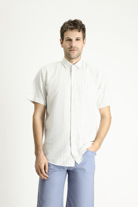 Koyu Lacivert Kısa Kol Regular Fit Çizgili Spor Pamuklu Gömlek