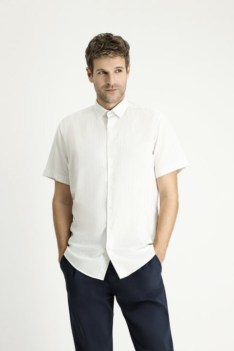 Mavi Kısa Kol Regular Fit Çizgili Spor Pamuklu Gömlek