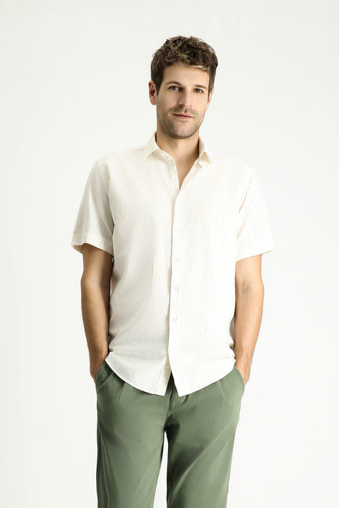 Sarı Kısa Kol Regular Fit Çizgili Spor Pamuklu Gömlek