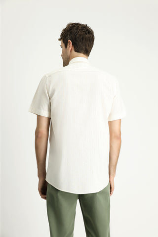  Sarı Kısa Kol Regular Fit Çizgili Spor Pamuklu Gömlek