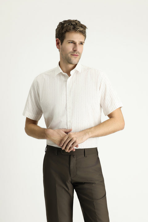 Mürdüm Kısa Kol Regular Fit Çizgili Spor Pamuklu Gömlek