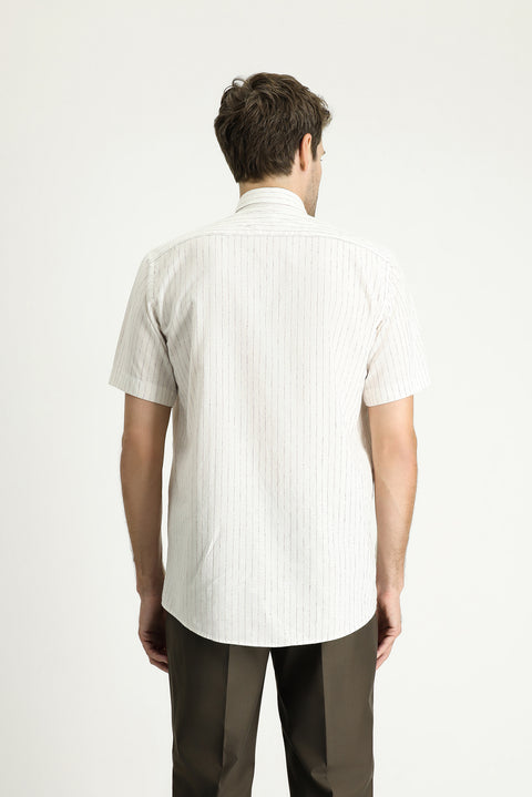 Mürdüm Kısa Kol Regular Fit Çizgili Spor Pamuklu Gömlek