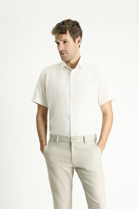 Çağla Yeşili Kısa Kol Regular Fit Çizgili Spor Pamuklu Gömlek