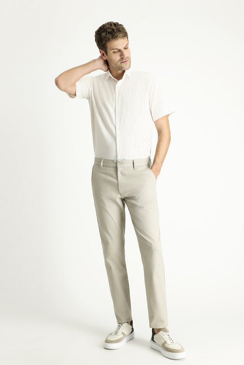 Çağla Yeşili Kısa Kol Regular Fit Çizgili Spor Pamuklu Gömlek