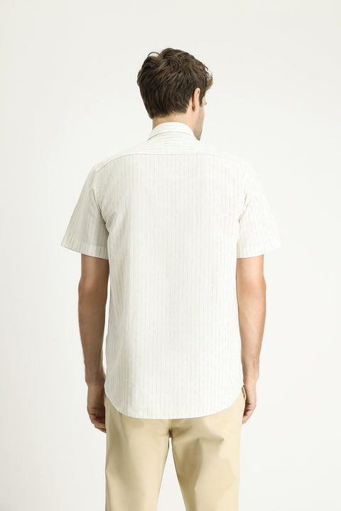 Çağla Yeşili Kısa Kol Regular Fit Çizgili Spor Pamuklu Gömlek