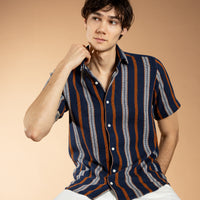 Medium Navy Short Sleeve Regular Fit Striped Cotton Easy-Iron Shirt