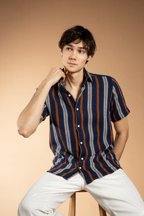 Medium Navy Short Sleeve Regular Fit Striped Cotton Easy-Iron Shirt