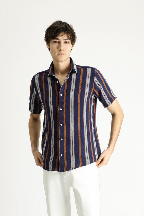 Medium Navy Short Sleeve Regular Fit Striped Cotton Easy-Iron Shirt